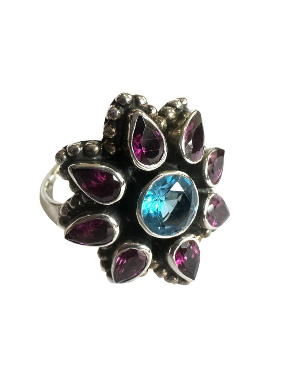 Vintage Sterling Silver Ring With Blue Topaz & Amethyst Signed NB Size 7.25